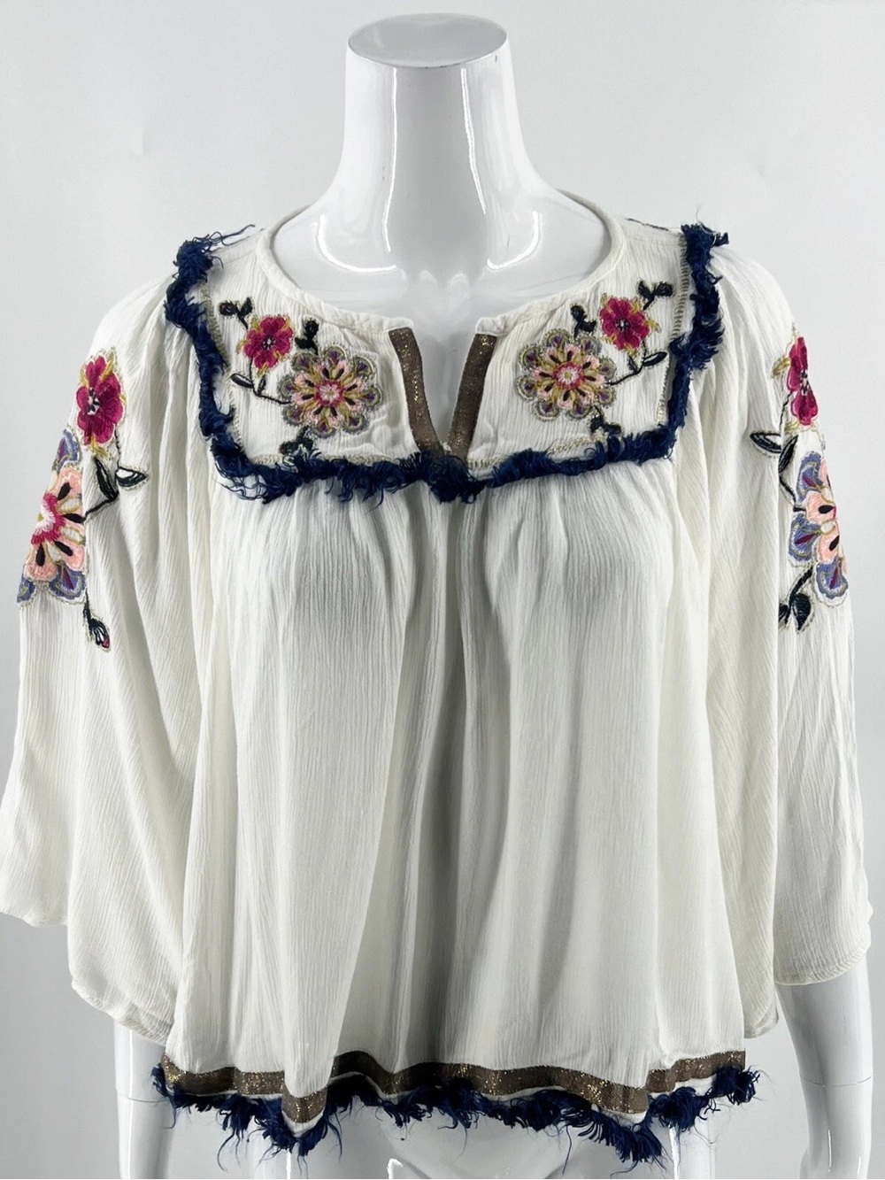 Embroidered White Boho Peasant Top with Navy Fringe